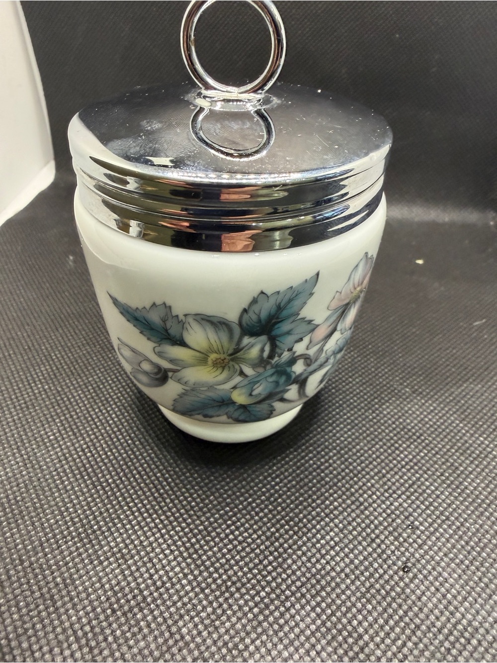 Vintage Japan Porcelain Floral Lidded Jar Chrome Ring Lid Blue Yellow Flowers